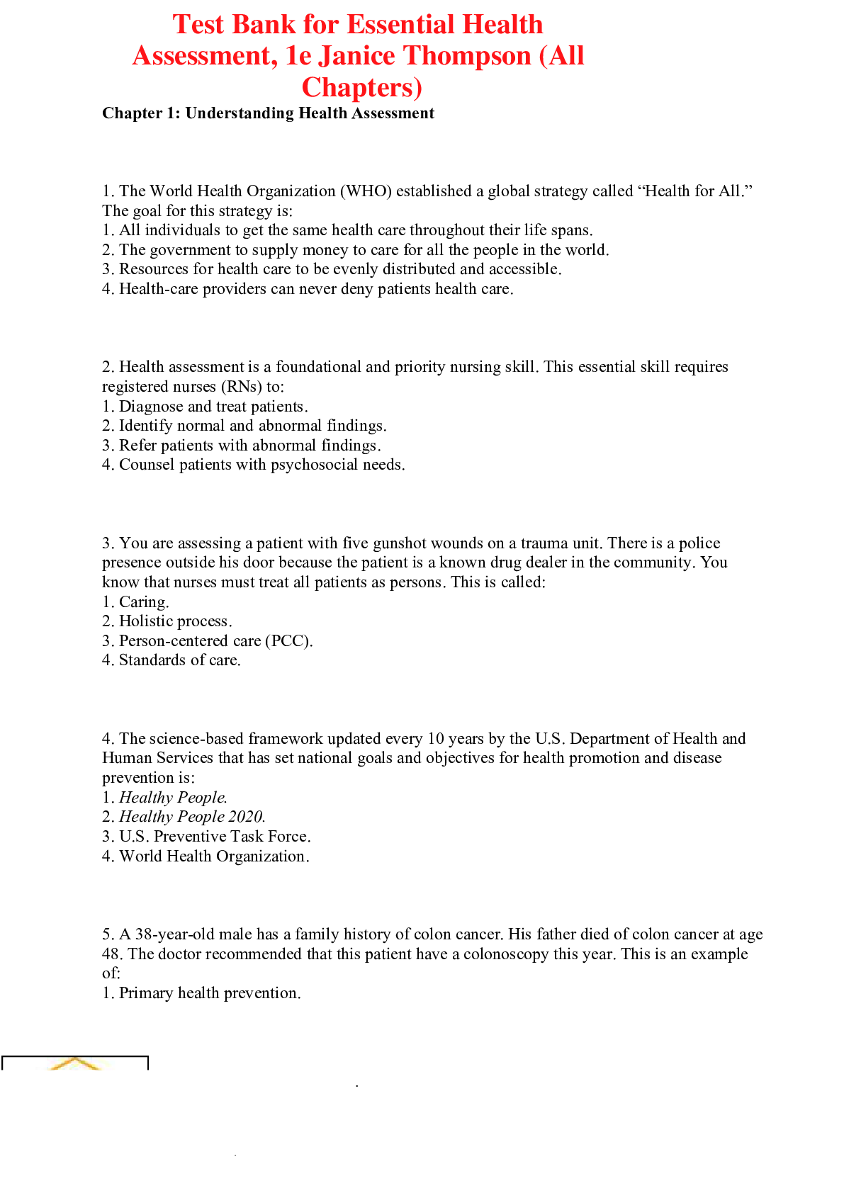 Preview of Essential Health Assessment, 1e Janice Thompson (Test Bank)
